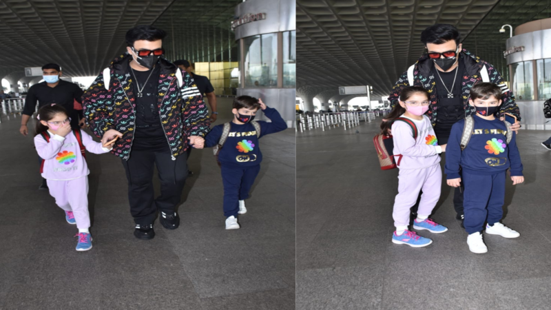 Karan Johars children, Yash and Roohi, wear matching costumes as they take off from the airport