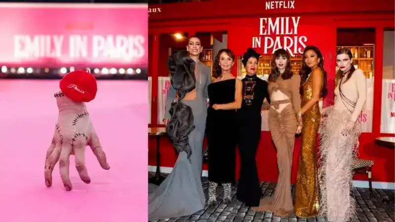 Wednesday's 'Thing' glides on 'Emily in Paris season 3 pink carpet